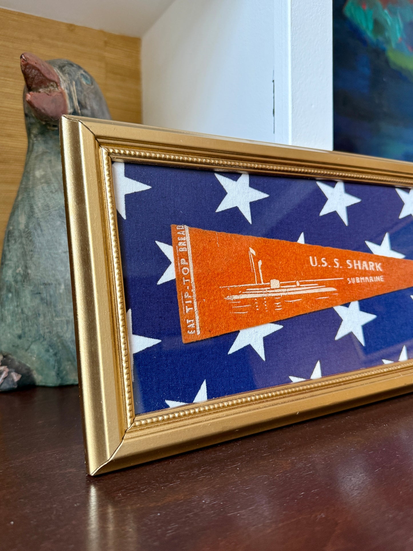 Early 20th Century U.S.S. Shark Naval Ship Wool Pennant on Navy White Stars in Gold Frame