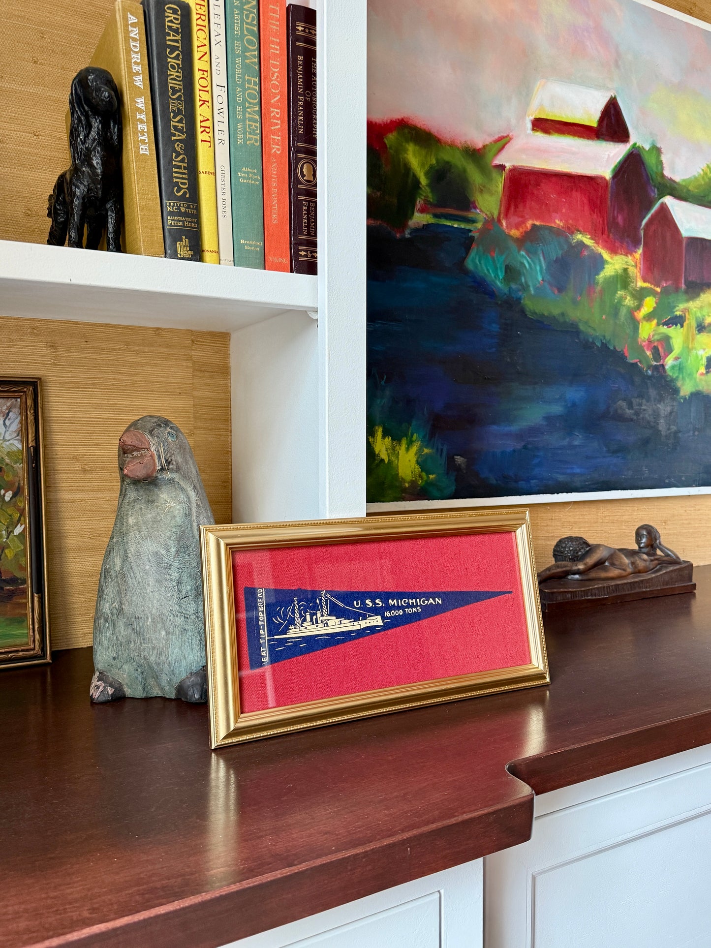 Early 20th Century U.S.S. Michigan Naval Ship Wool Pennant on Red Pique in Gold Frame