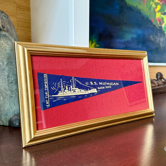 Early 20th Century U.S.S. Michigan Naval Ship Wool Pennant on Red Pique in Gold Frame