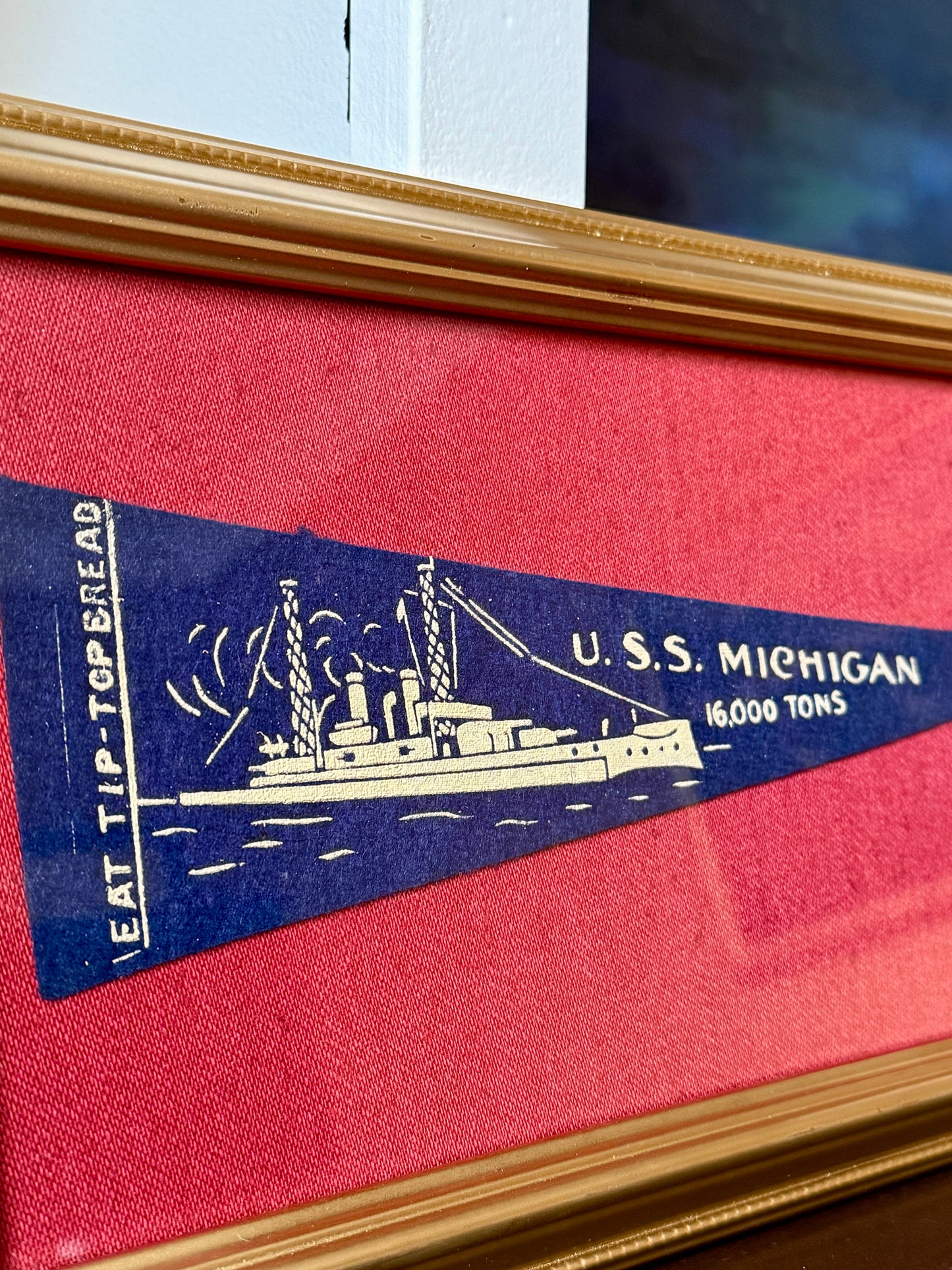 Early 20th Century U.S.S. Michigan Naval Ship Wool Pennant on Red Pique in Gold Frame