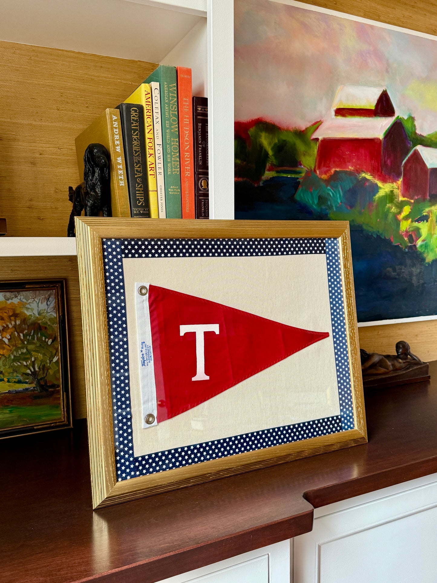 Vintage "T" Initial Canvas Burgee Nautical Flag on Ivory Twill with Navy Star Trim in Gold Frame