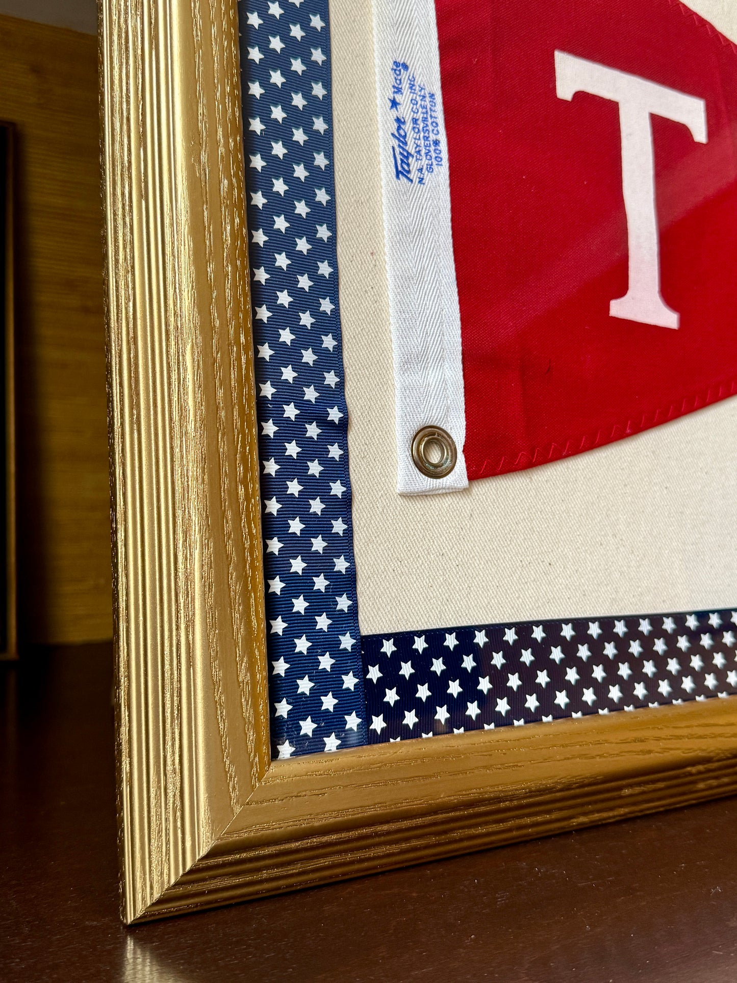 Vintage "T" Initial Canvas Burgee Nautical Flag on Ivory Twill with Navy Star Trim in Gold Frame