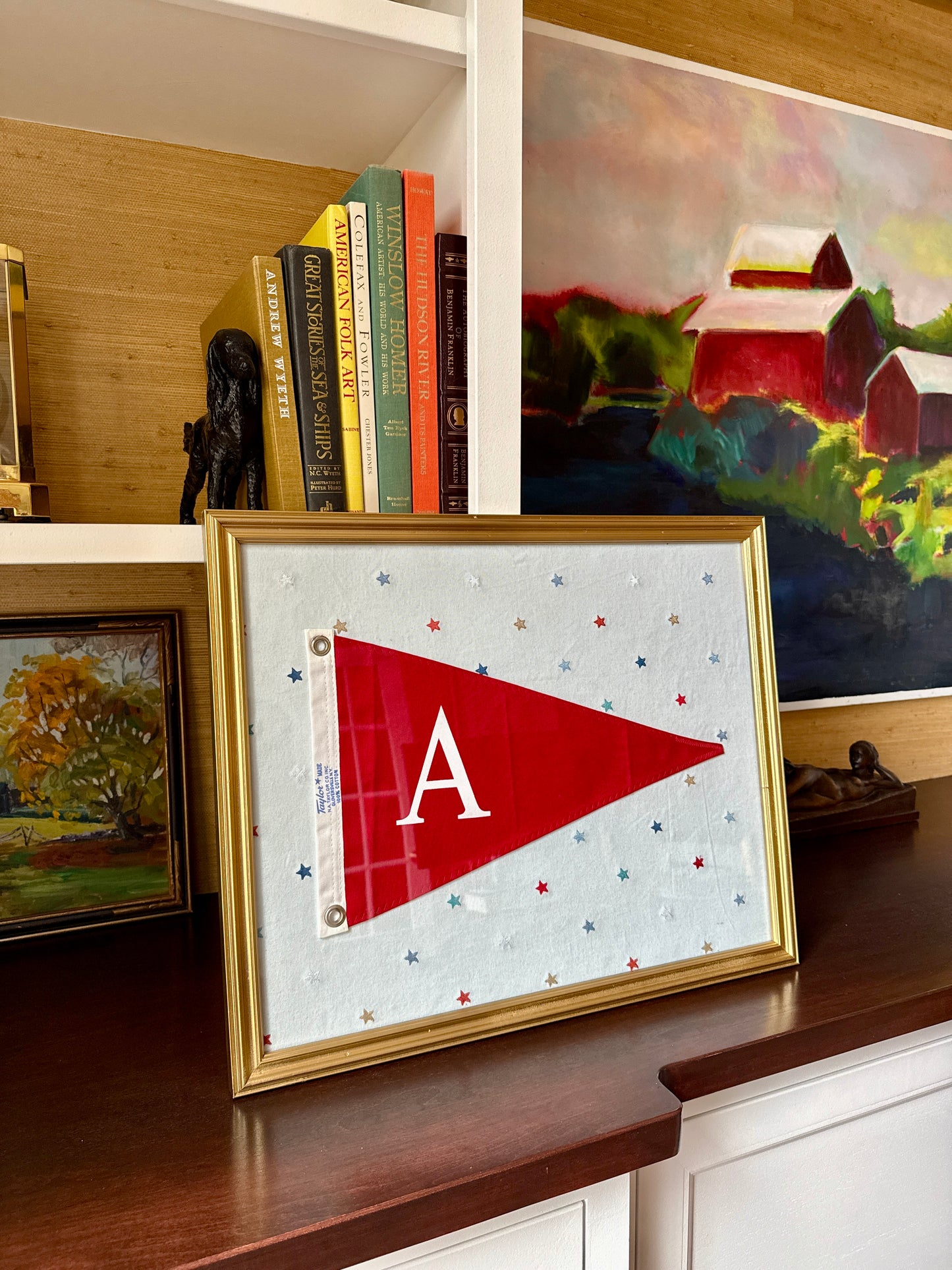 Vintage "A" Initial Canvas Burgee Nautical Flag on Red White Blue Stars in Gold Frame