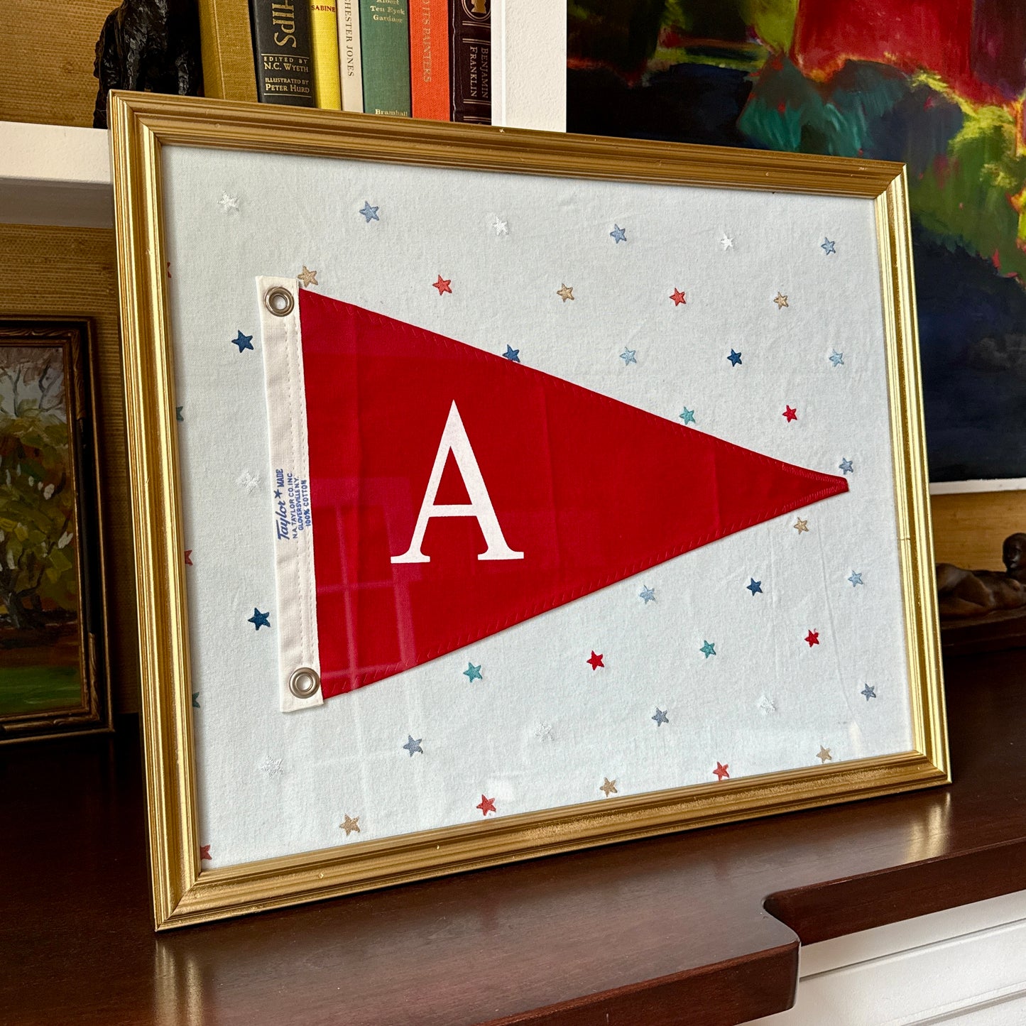 Vintage "A" Initial Canvas Burgee Nautical Flag on Red White Blue Stars in Gold Frame