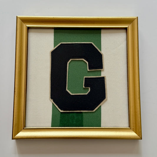 Vintage Green Varsity Letter "G" on Green White Striped Canvas in Gold Frame