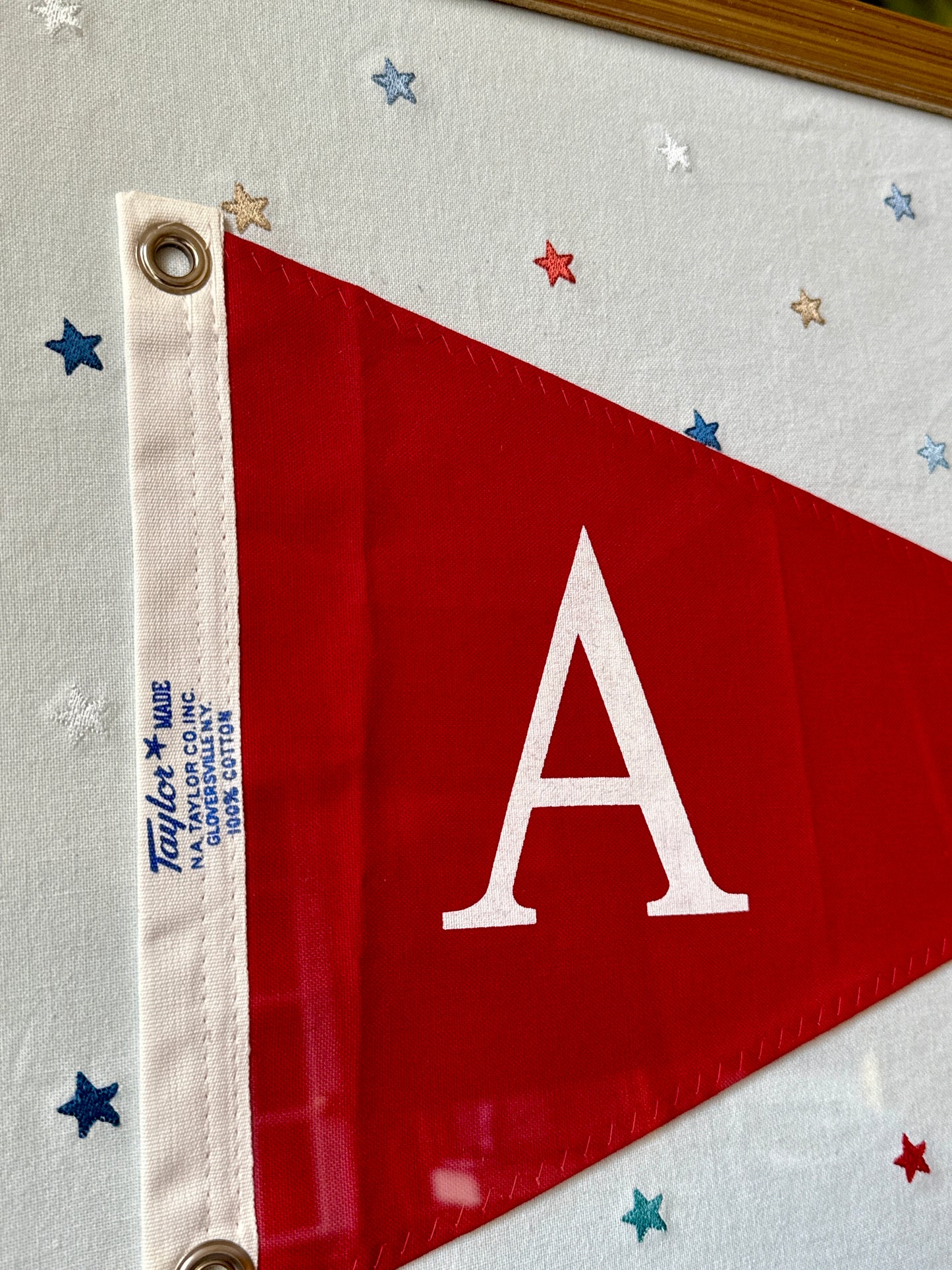 Vintage "A" Initial Canvas Burgee Nautical Flag on Red White Blue Stars in Gold Frame