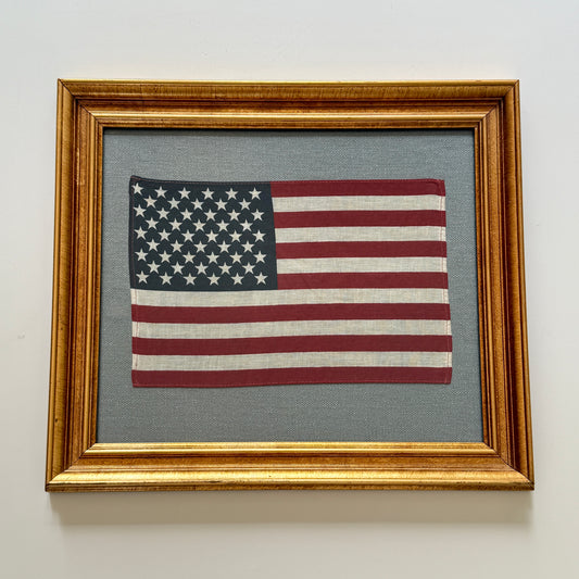 Vintage 50 Star American Flag on Blue Linen Fabric in Gold Frame