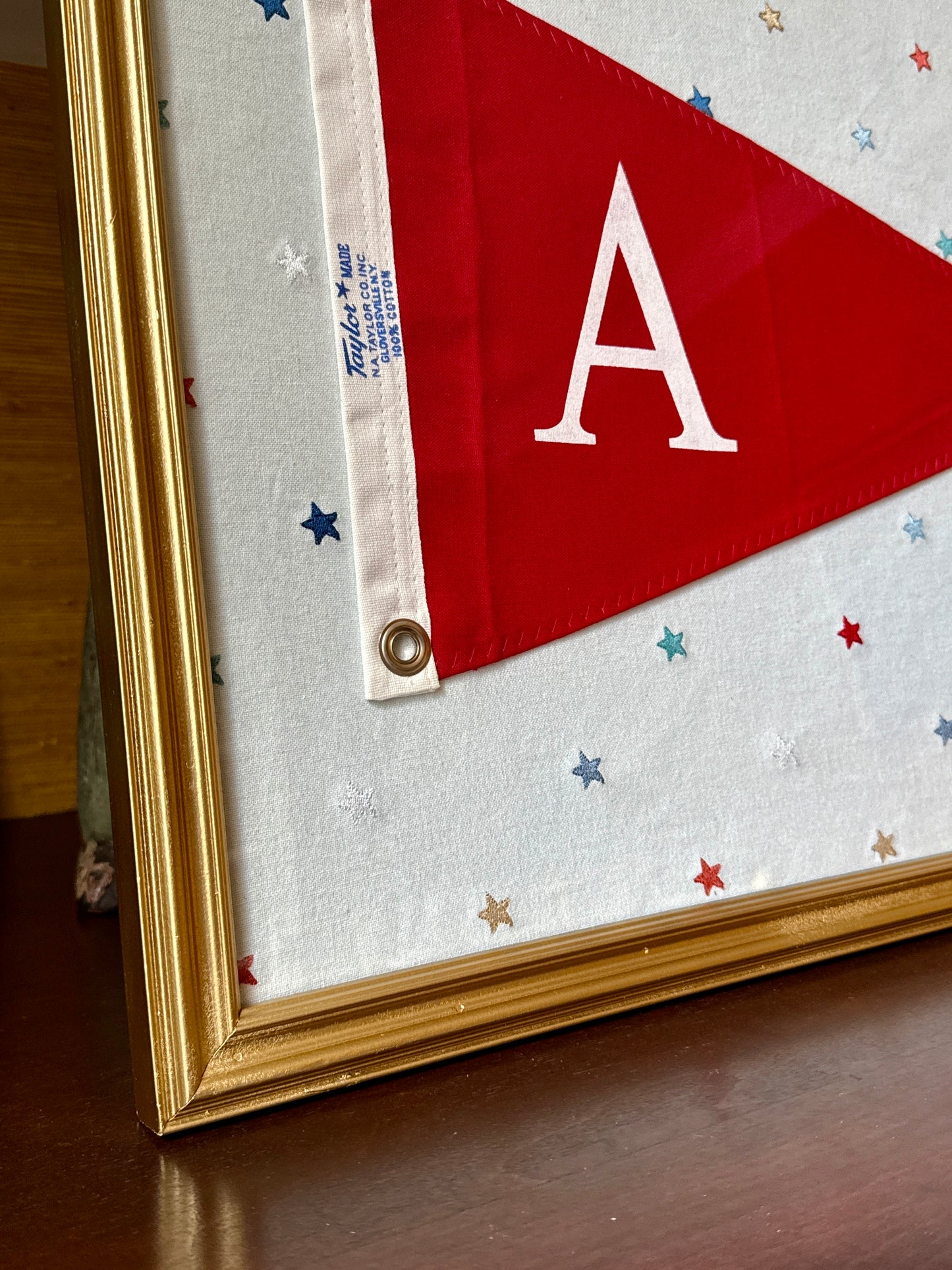 Vintage "A" Initial Canvas Burgee Nautical Flag on Red White Blue Stars in Gold Frame