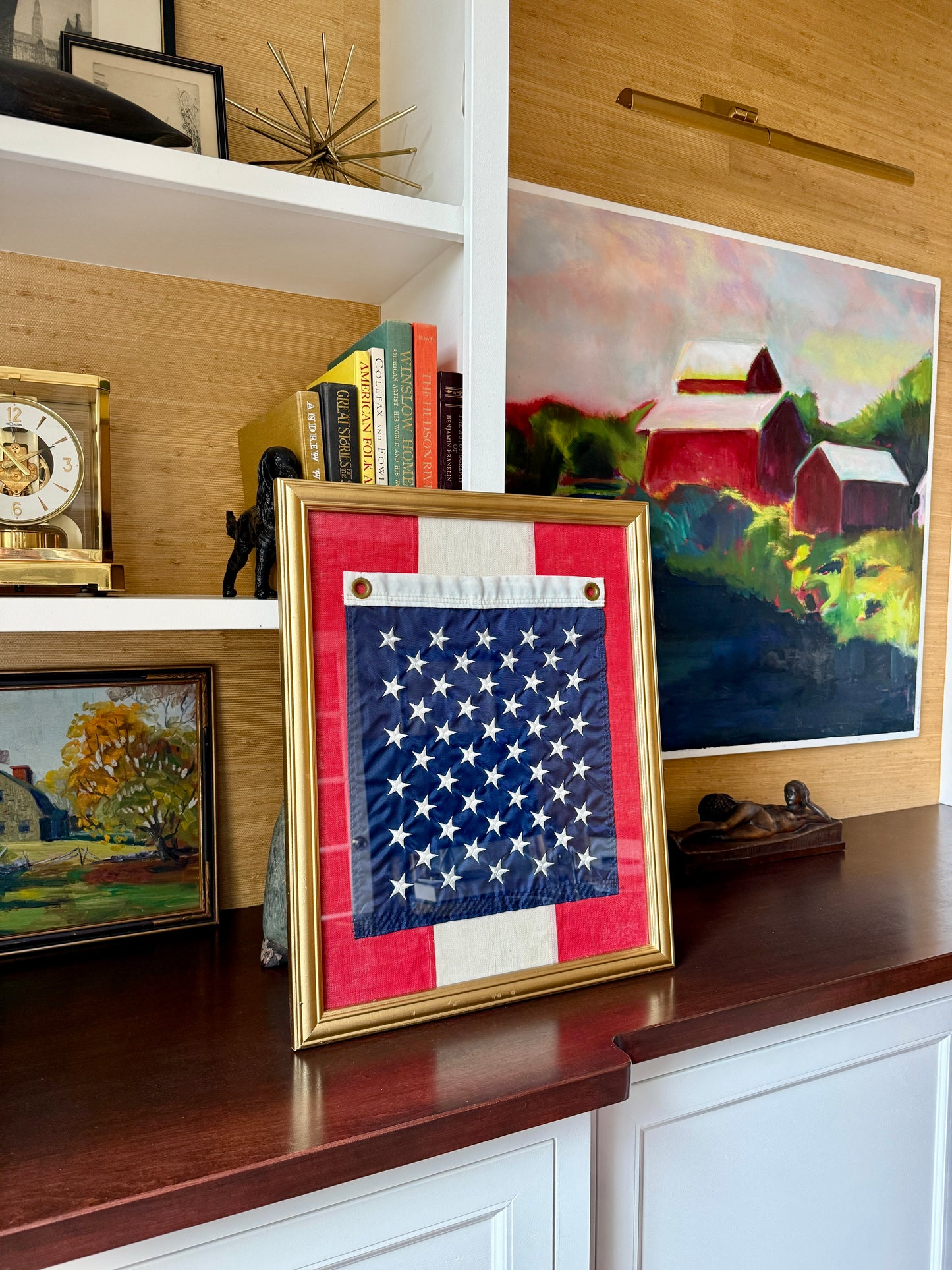Union Jack of the United States Field of Stars Flag on Red White Flag Stripes in Gold Frame