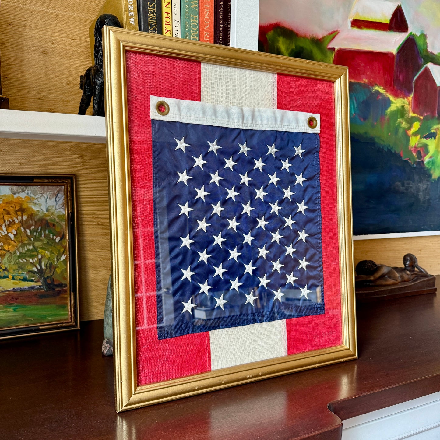 Union Jack of the United States Field of Stars Flag on Red White Flag Stripes in Gold Frame