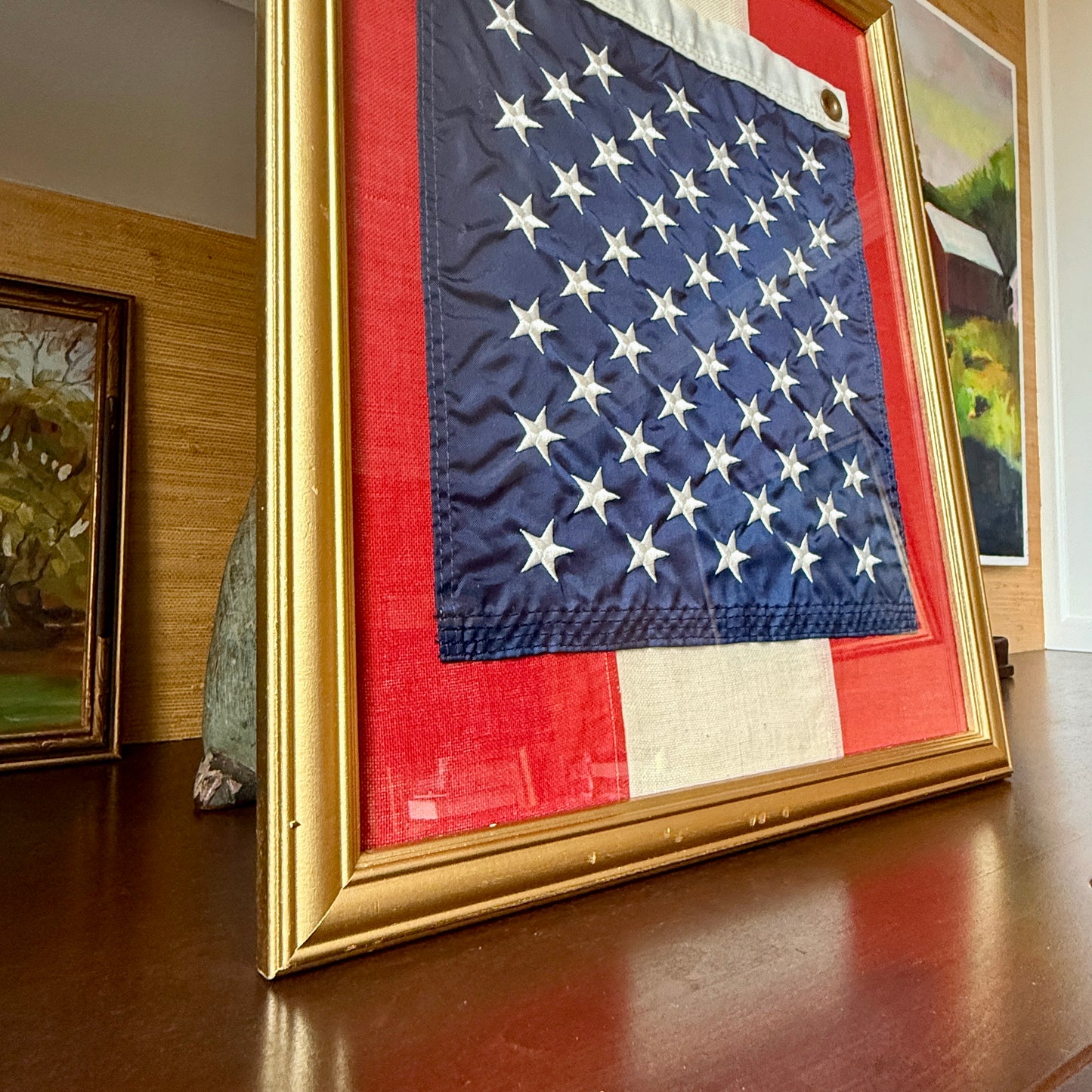 Union Jack of the United States Field of Stars Flag on Red White Flag Stripes in Gold Frame