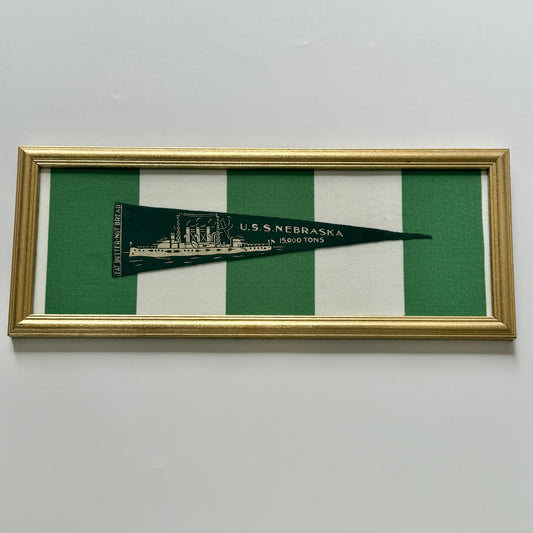 Early 20th Century U.S.S. Nebraska Naval Ship Wool Pennant on Green and White Stripes in Gold Frame