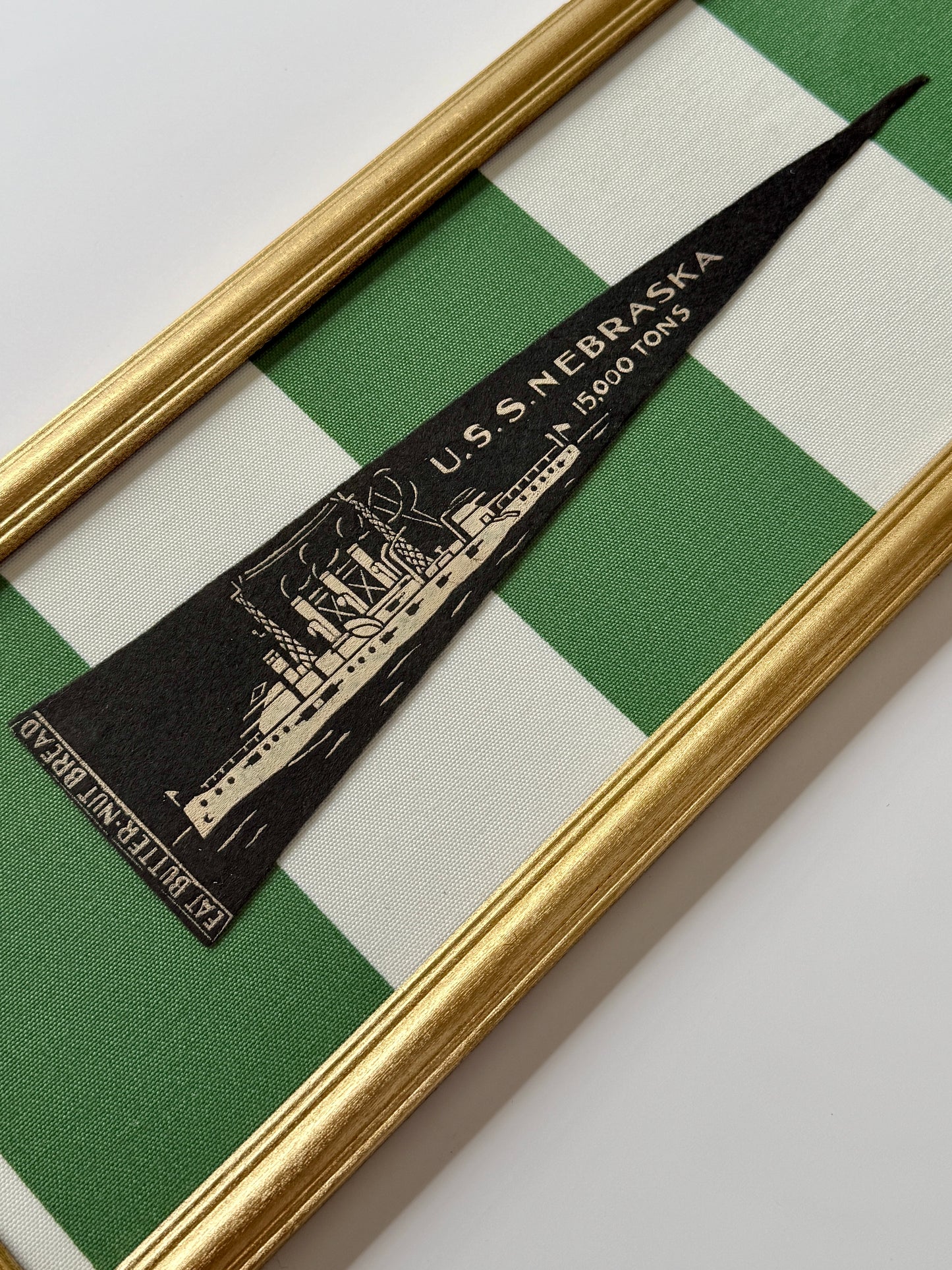 Early 20th Century U.S.S. Nebraska Naval Ship Wool Pennant on Green and White Stripes in Gold Frame