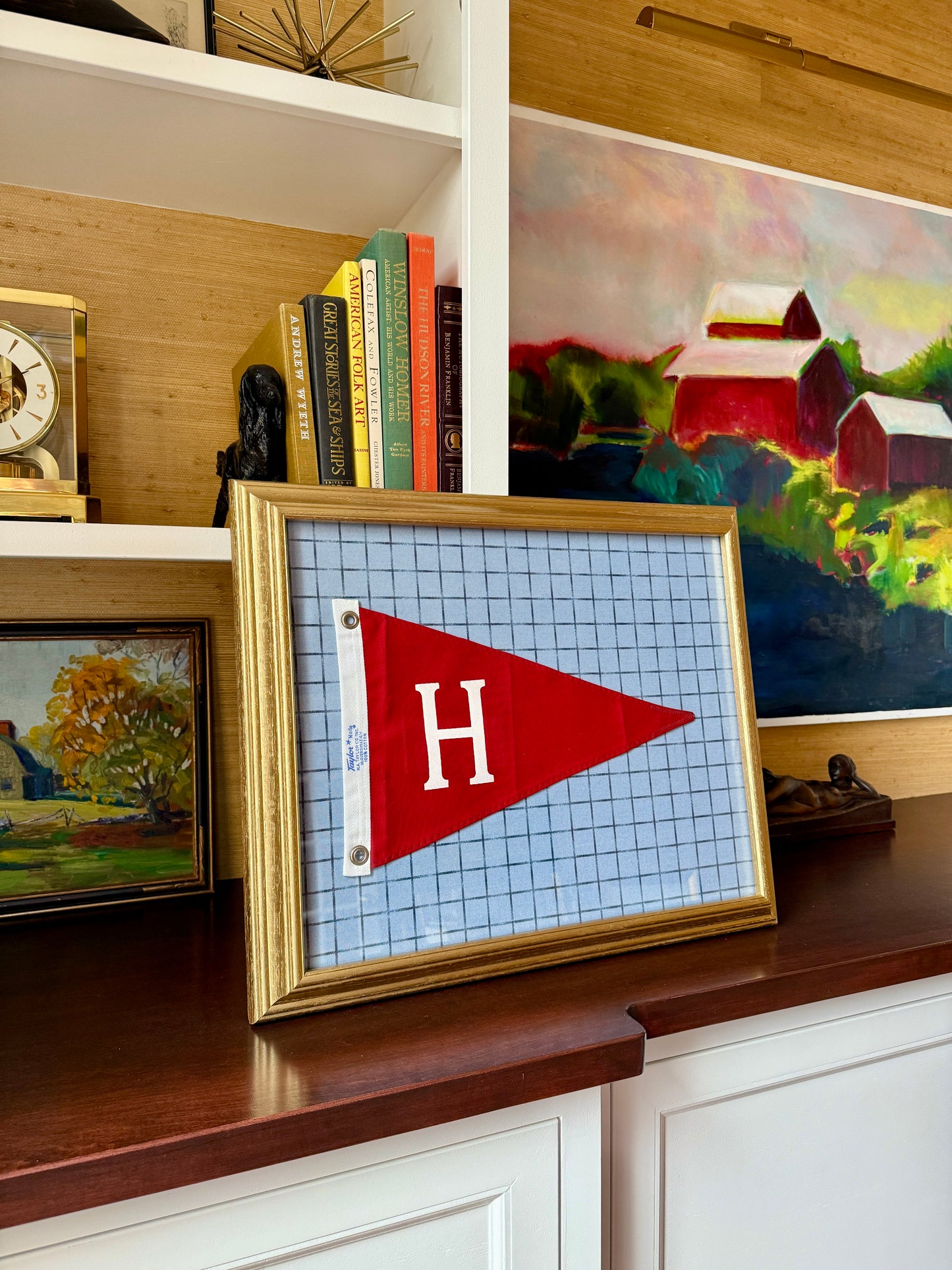 Vintage "H" Initial Canvas Burgee Nautical Flag on Ivory Twill with Navy Star Trim in Gold Frame
