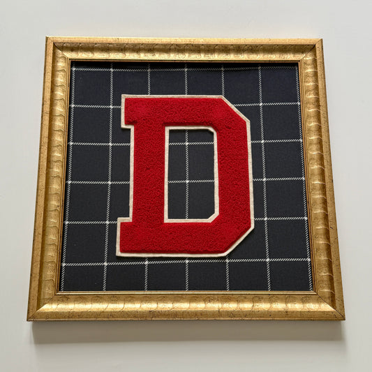 Vintage Large Varsity Initial Letter "D" on Navy Blue Windowpane Fabric in Gold Frame