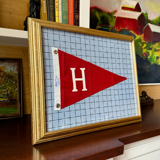 Vintage "H" Initial Canvas Burgee Nautical Flag on Ivory Twill with Navy Star Trim in Gold Frame