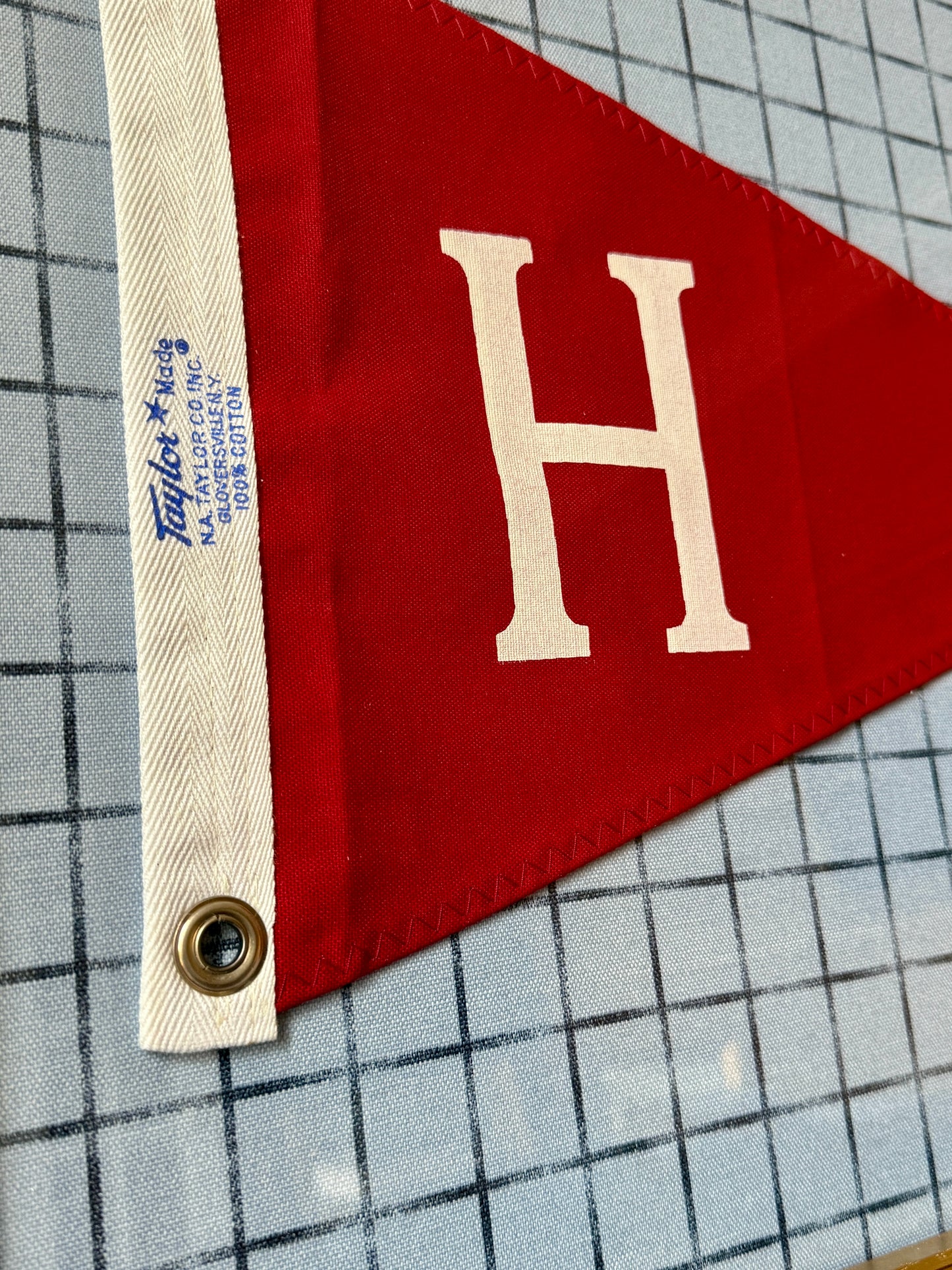 Vintage "H" Initial Canvas Burgee Nautical Flag on Ivory Twill with Navy Star Trim in Gold Frame