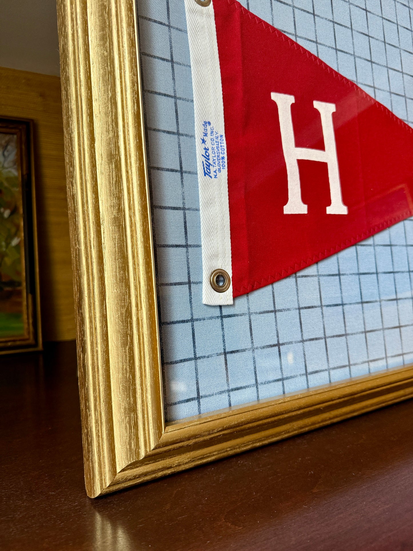 Vintage "H" Initial Canvas Burgee Nautical Flag on Ivory Twill with Navy Star Trim in Gold Frame