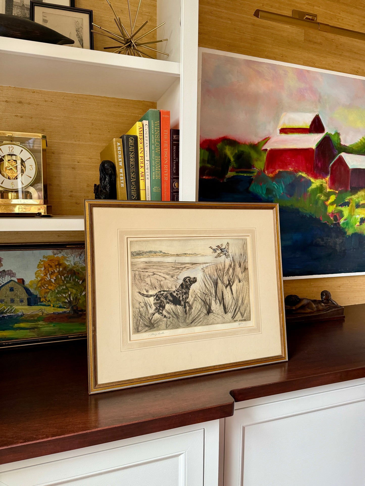 Morning Light Hunting Dog Henry Wilkinson Etching in Gilded Frame