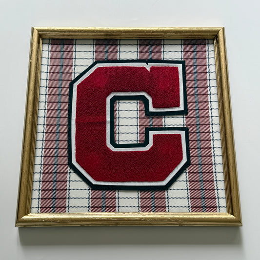 Vintage Large Varsity Initial Letter "C" on Red White Blue Plaid Fabric in Gold Frame
