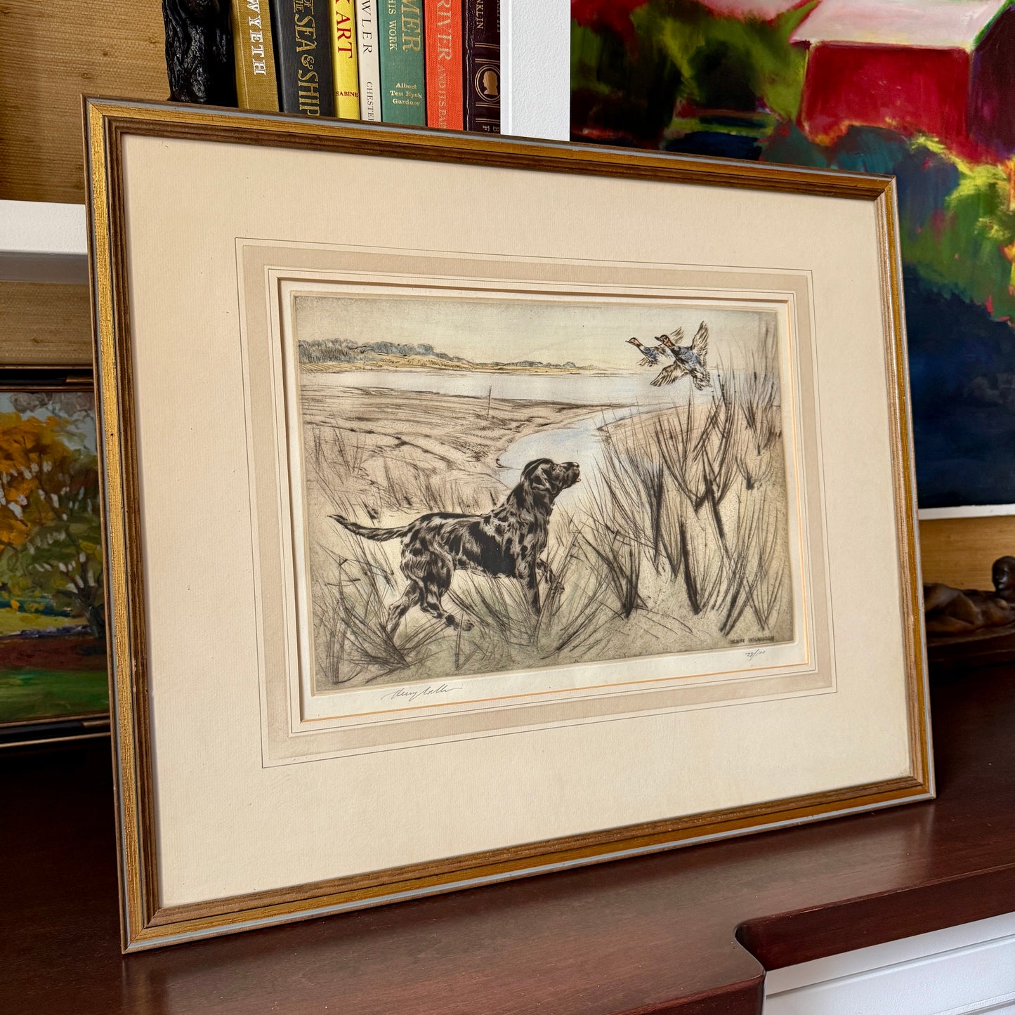 Morning Light Hunting Dog Henry Wilkinson Etching in Gilded Frame