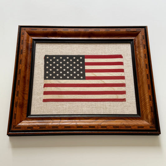 Vintage 50 Star American Flag on Natural Linen in Marquetry Wood Frame