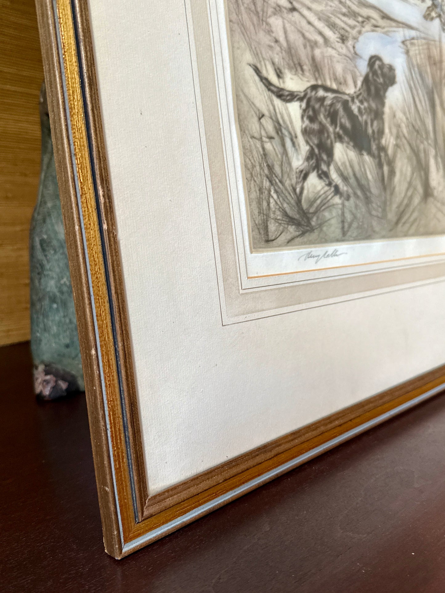 Morning Light Hunting Dog Henry Wilkinson Etching in Gilded Frame