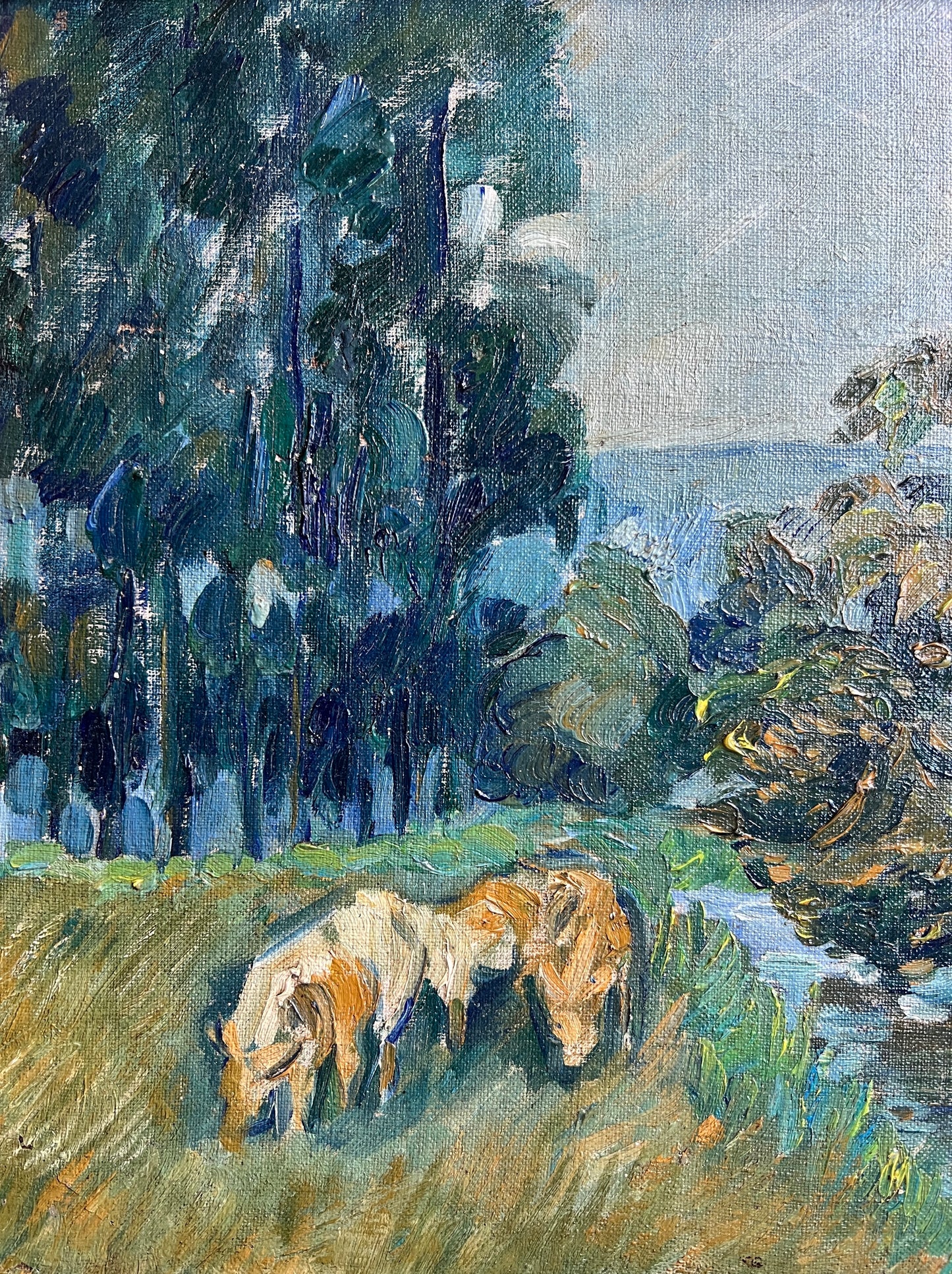 20th C. Impressionist Horses Grazing on Summer Day Oil Painting in Scalloped Gold Frame