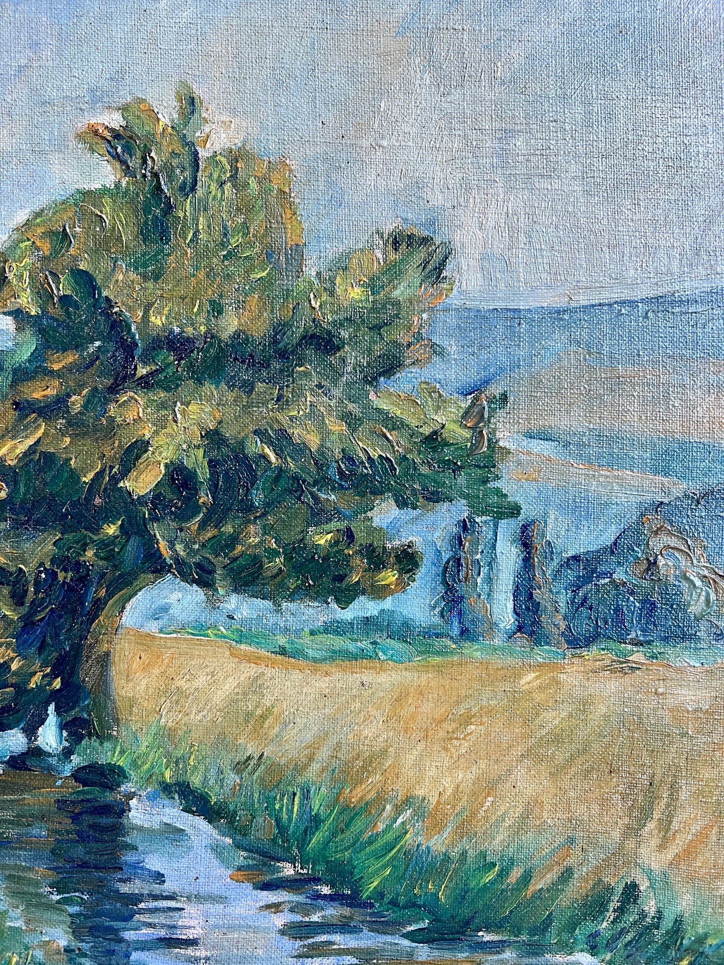 20th C. Impressionist Horses Grazing on Summer Day Oil Painting in Scalloped Gold Frame
