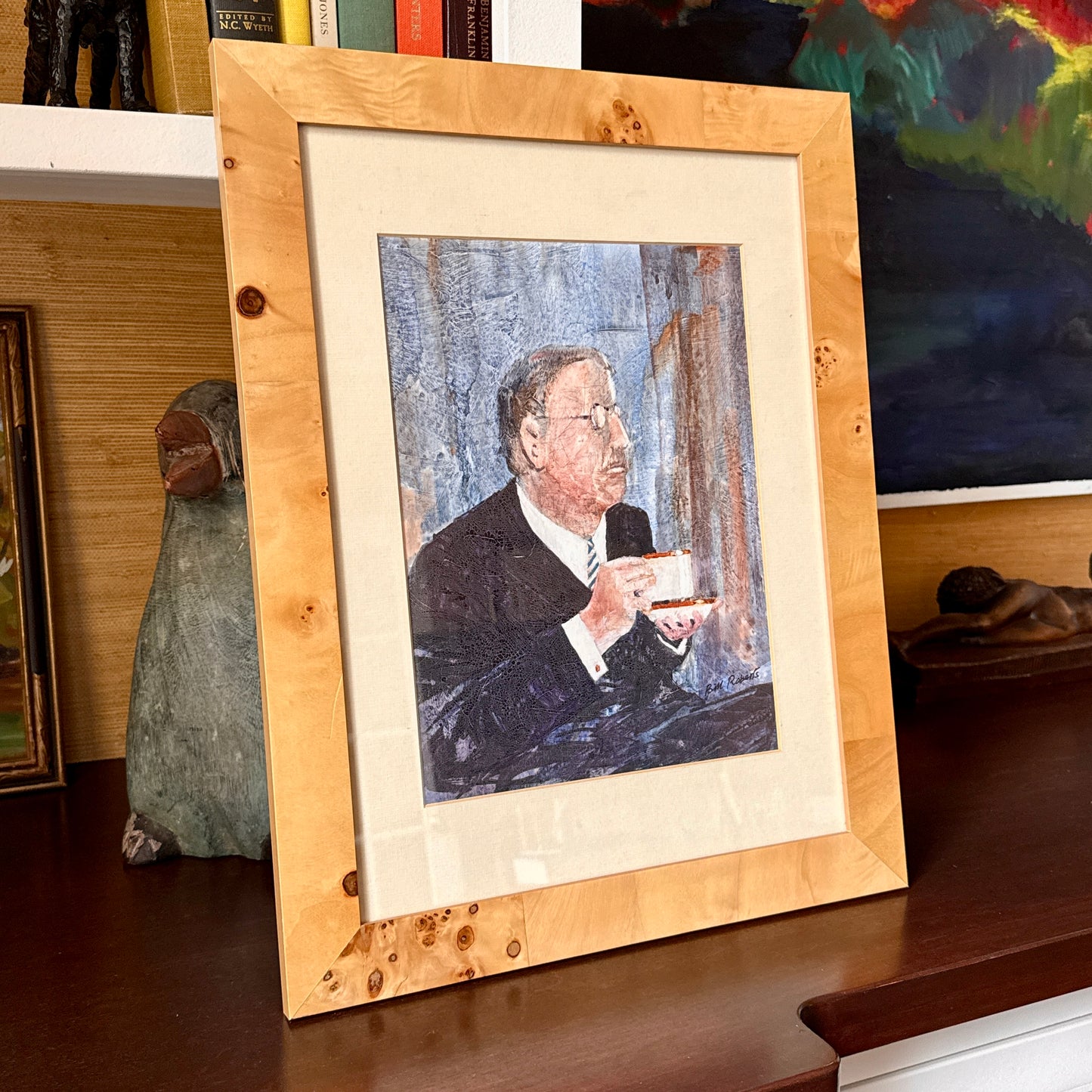 Bill Roberts Portrait of a Gentleman Oil Painting in Burled Wood Frame