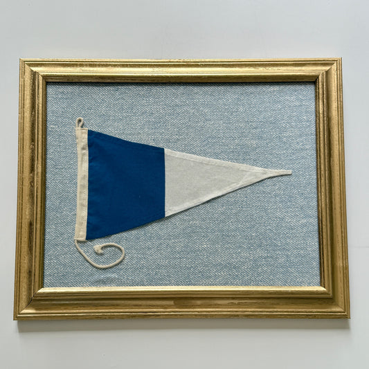 Vintage Second Substitute Burgee Nautical Flag on Blue Herringbone Fabric in Gold Frame