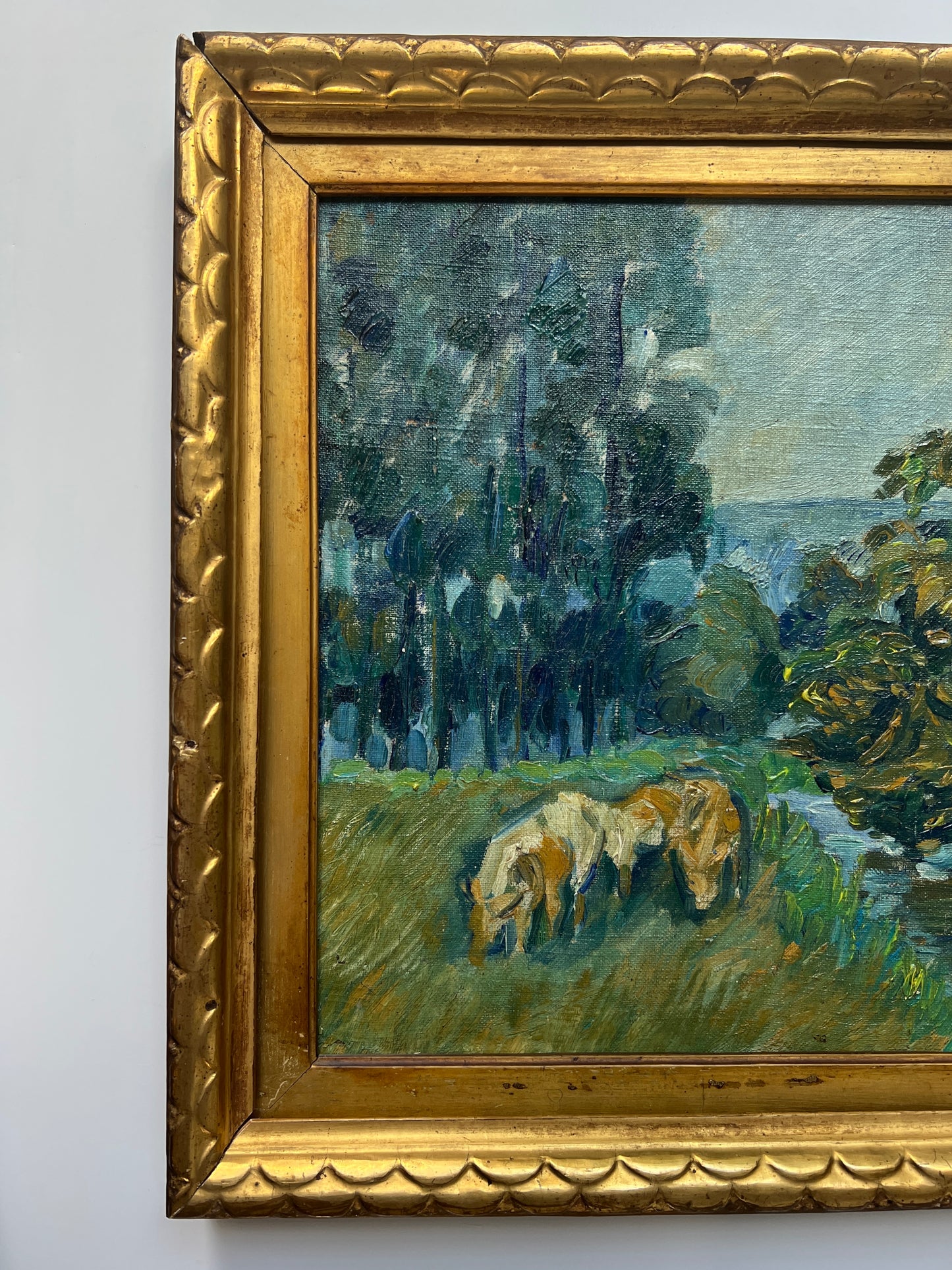20th C. Impressionist Horses Grazing on Summer Day Oil Painting in Scalloped Gold Frame