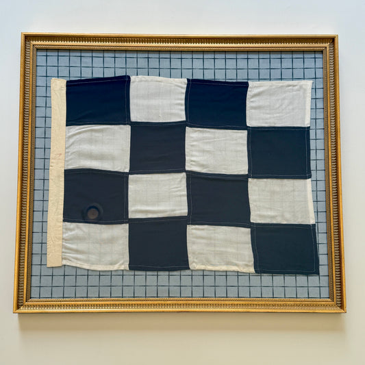 Vintage Large Nautical Checkered Signal Flag "N" on Blue Windowpane Fabric in Gold Frame