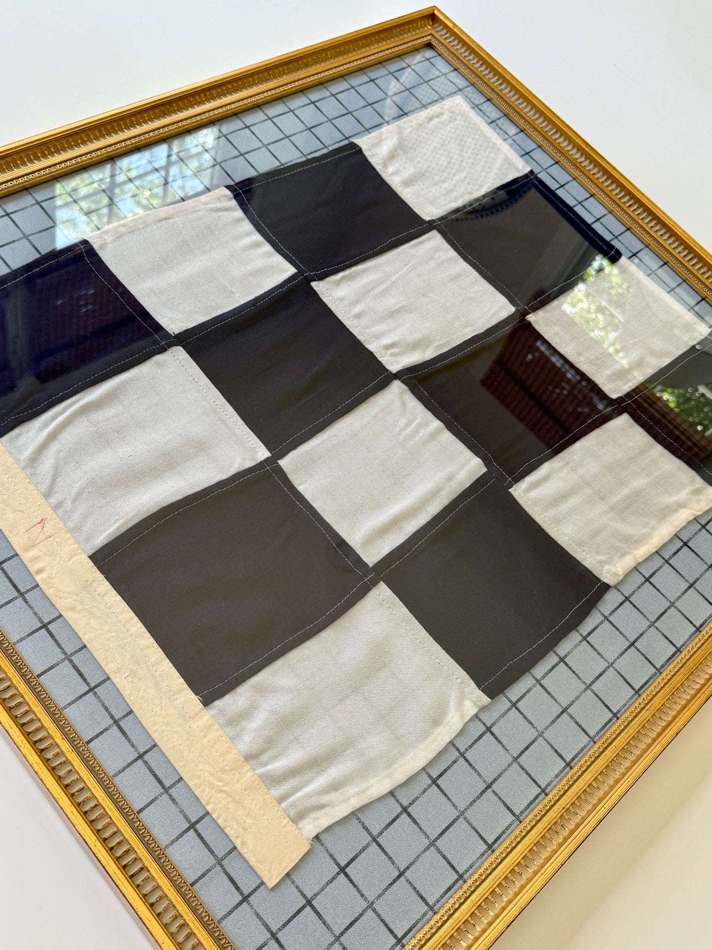 Vintage Large Nautical Checkered Signal Flag "N" on Blue Windowpane Fabric in Gold Frame