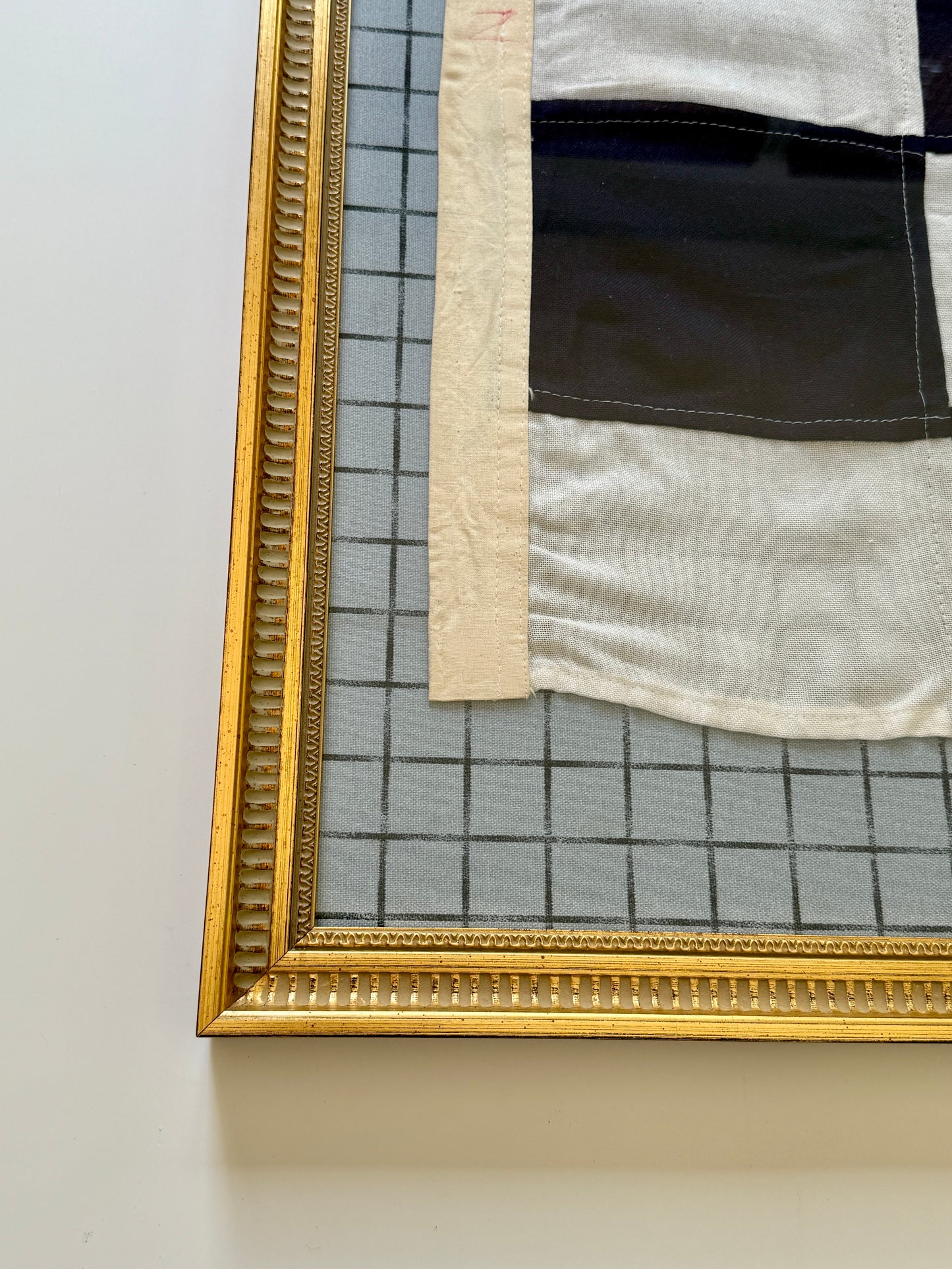 Vintage Large Nautical Checkered Signal Flag "N" on Blue Windowpane Fabric in Gold Frame