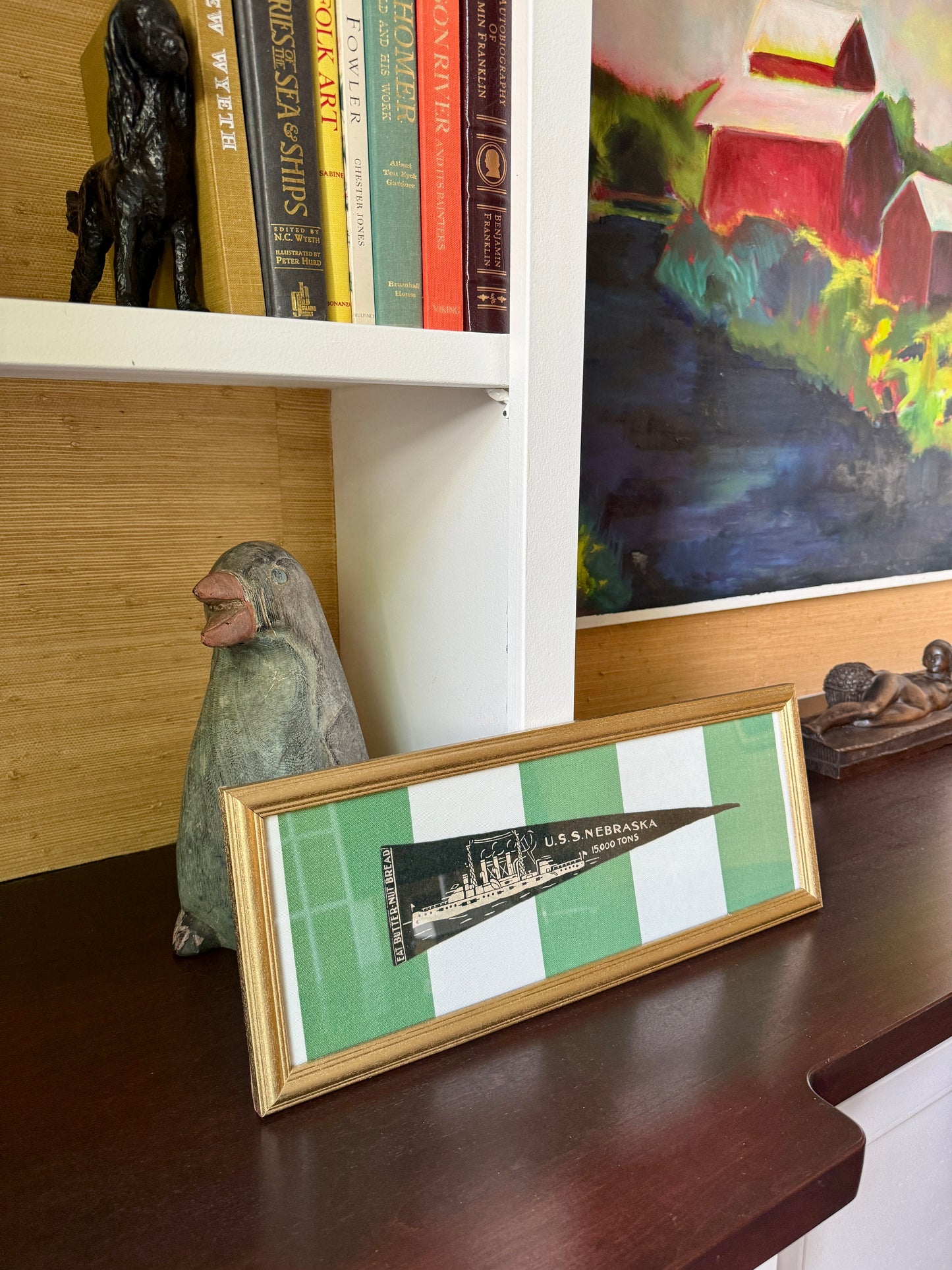 Early 20th Century U.S.S. Nebraska Naval Ship Wool Pennant on Green and White Stripes in Gold Frame