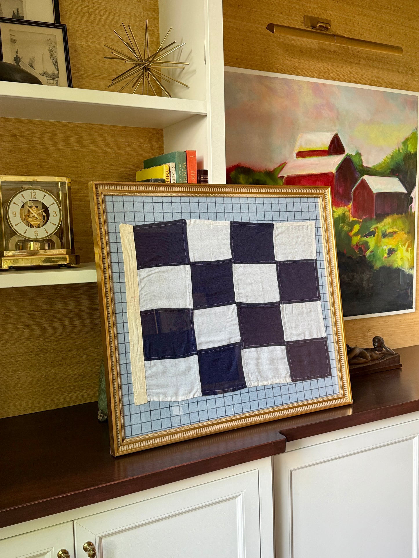 Vintage Large Nautical Checkered Signal Flag "N" on Blue Windowpane Fabric in Gold Frame