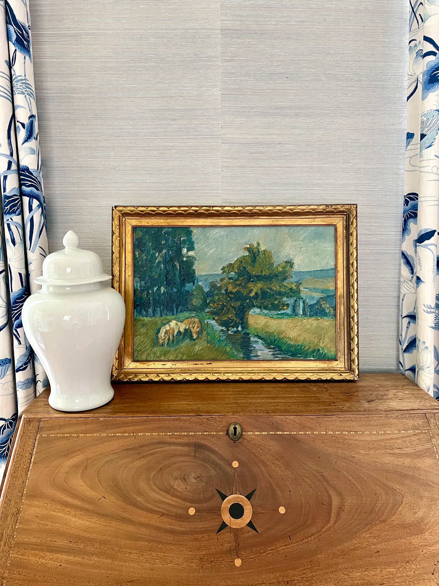 20th C. Impressionist Horses Grazing on Summer Day Oil Painting in Scalloped Gold Frame
