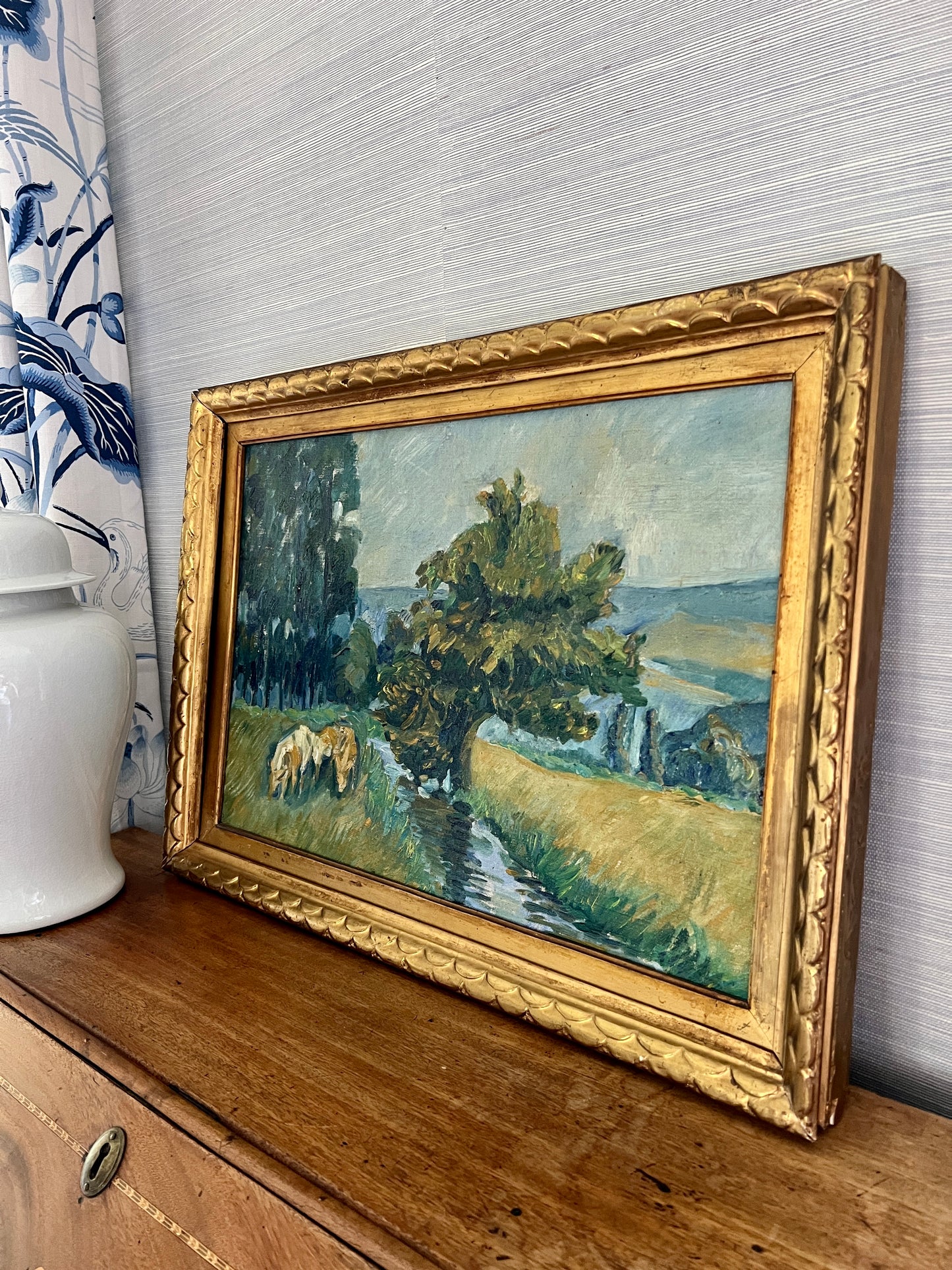 20th C. Impressionist Horses Grazing on Summer Day Oil Painting in Scalloped Gold Frame