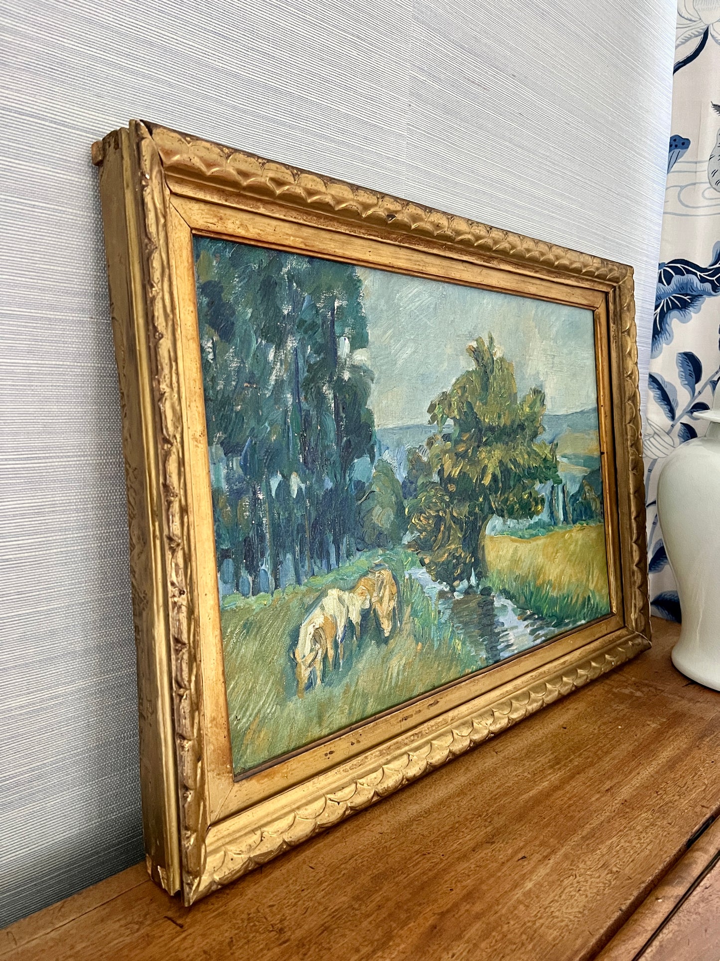 20th C. Impressionist Horses Grazing on Summer Day Oil Painting in Scalloped Gold Frame