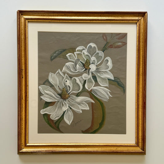 Flowering Magnolia Branch Gouache Painting in Gold Frame