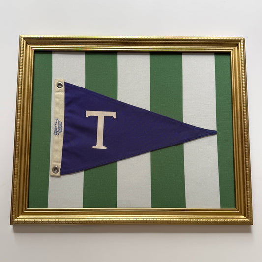 Vintage "T" Burgee Nautical Flag on Green Striped Canvas in Gold Frame