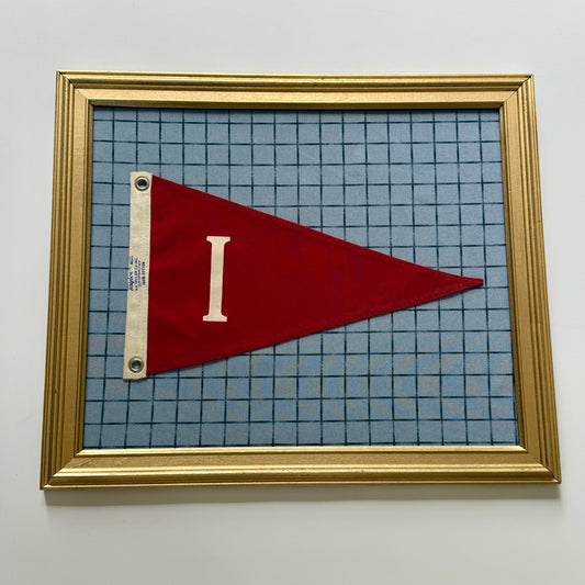 Vintage "I" Burgee Nautical Flag on Blue Windowpane Fabric in Gold Frame