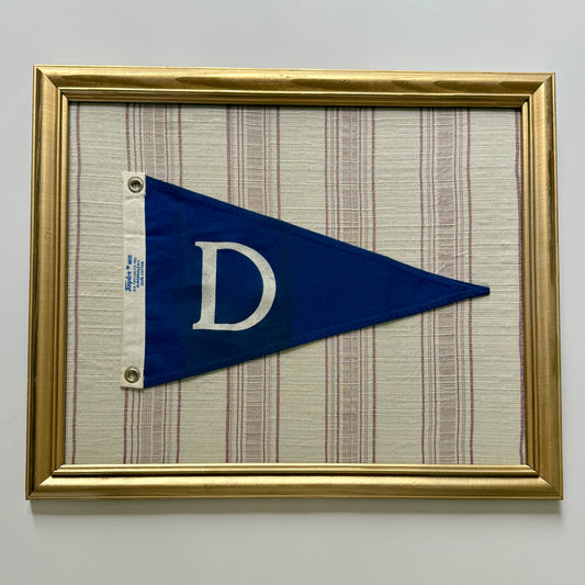 Vintage "D" Burgee Nautical Flag on Red and Ivory Striped Linen in Gold Frame