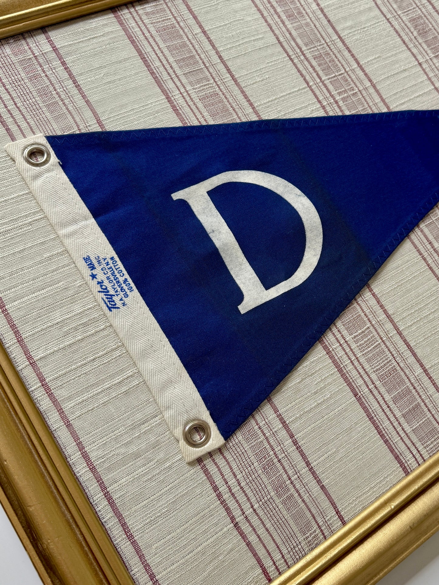 Vintage "D" Burgee Nautical Flag on Red and Ivory Striped Linen in Gold Frame