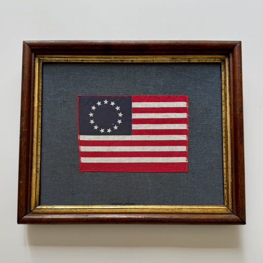 Vintage 13 Star American Betsy Ross Parade Flag on Blue Fabric in Antique Wood Frame