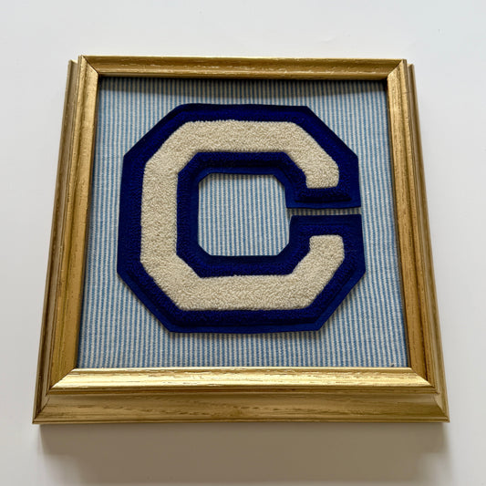 Vintage Large Varsity Initial Letter "C" on Blue White Oxford Striped Fabric in Gold Frame