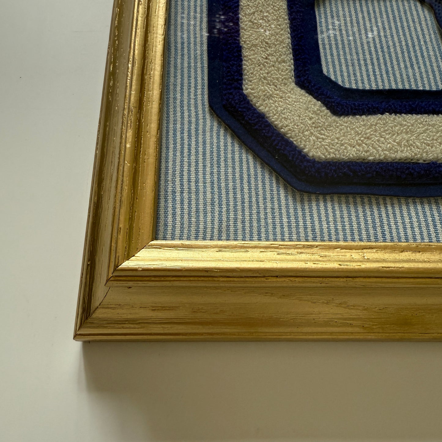 Vintage Large Varsity Initial Letter "C" on Blue White Oxford Striped Fabric in Gold Frame