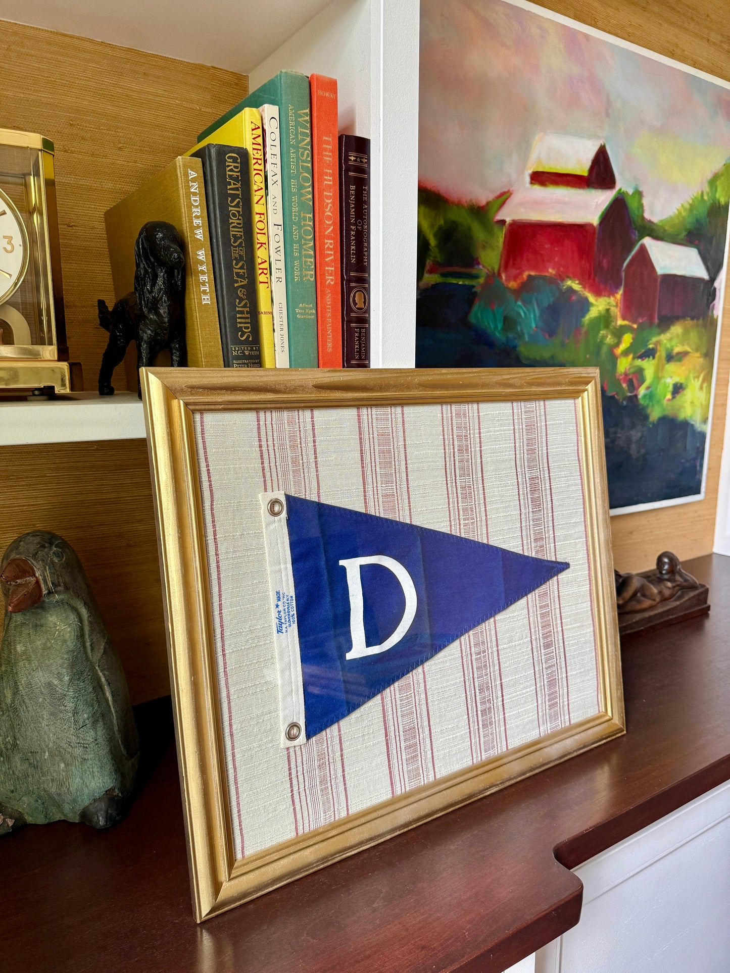 Vintage "D" Burgee Nautical Flag on Red and Ivory Striped Linen in Gold Frame
