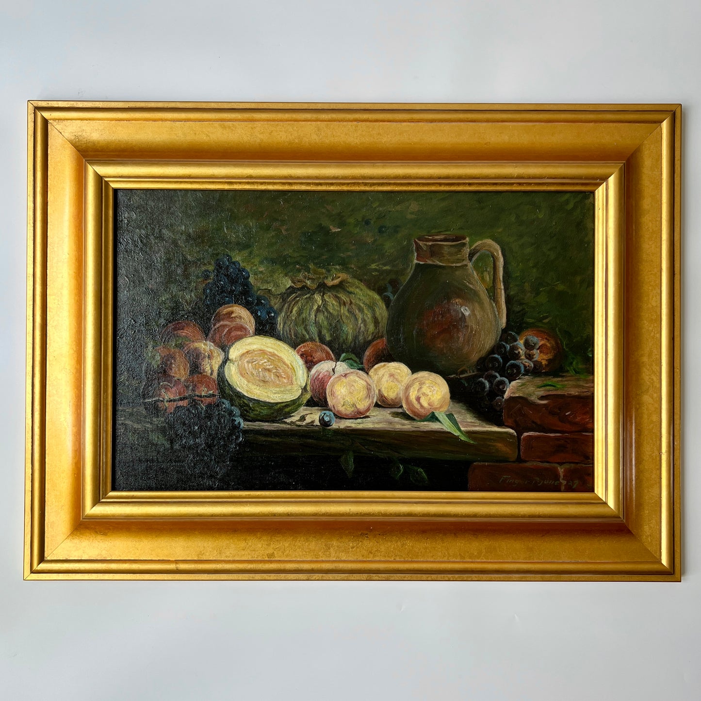 1927 Still Life of Peaches, Melon, Cabbage in Thick Gold Frame